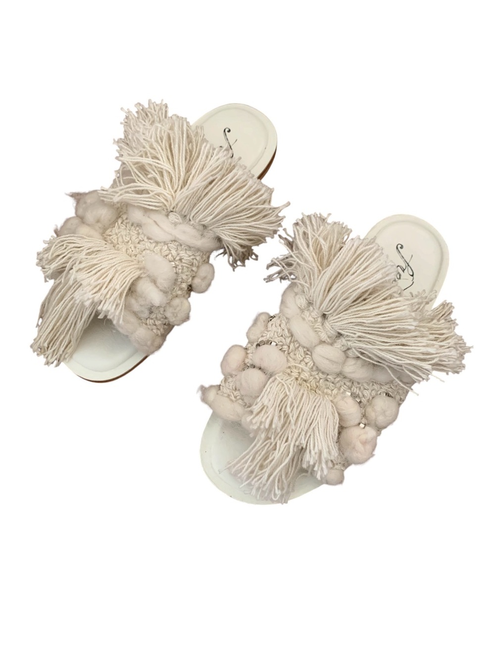 Free People Beige Pom Pom Tasseled Slip On Slides' "Mars At Night" Sz 36